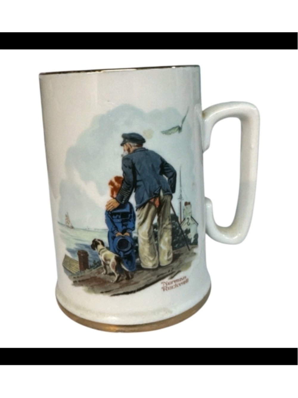 Norman Rockwell "Looking Out To Sea" 20 oz Ceramic Mug White/Blue Handle 1985